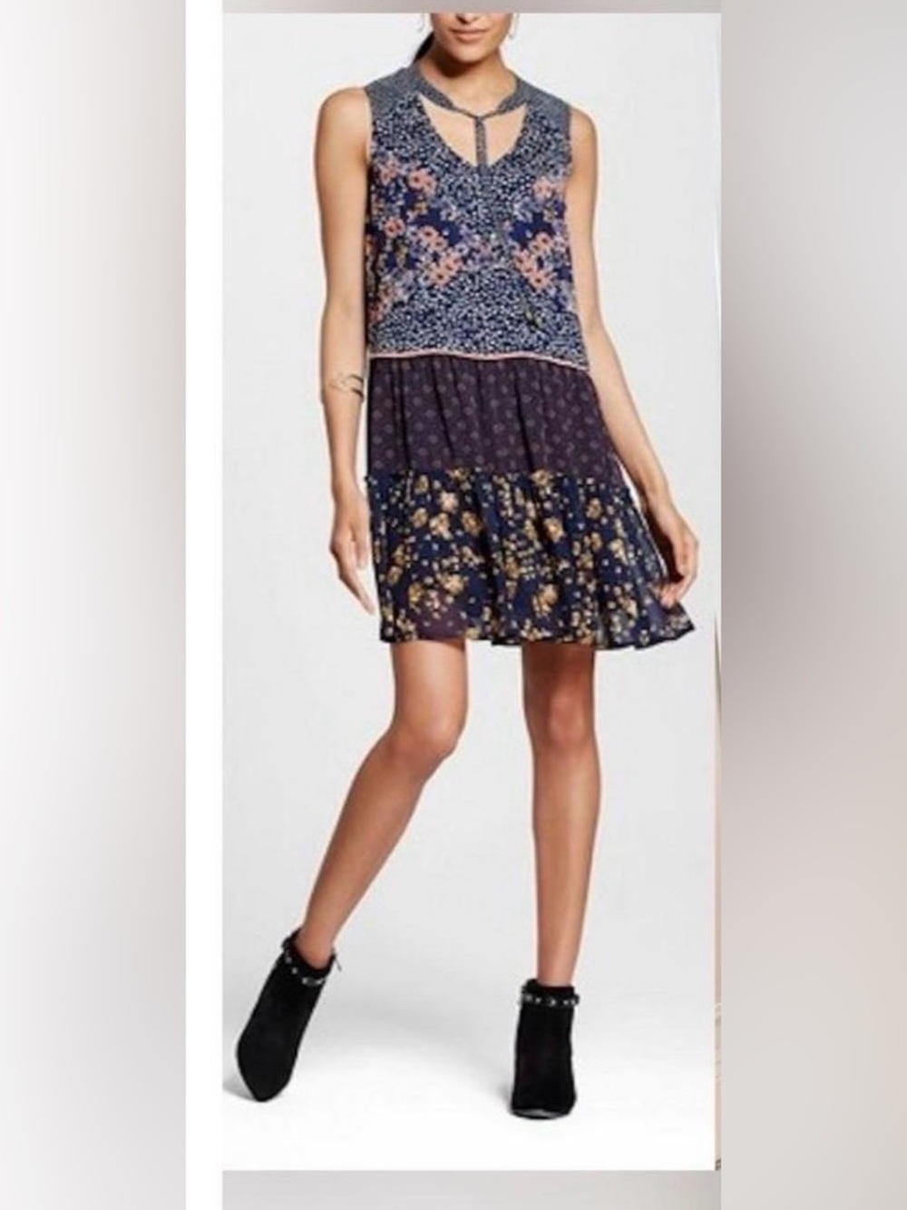 Xhilaration Full Bloom Dress Floral Blue Sun Dress Womens Size XS Boho Cottage